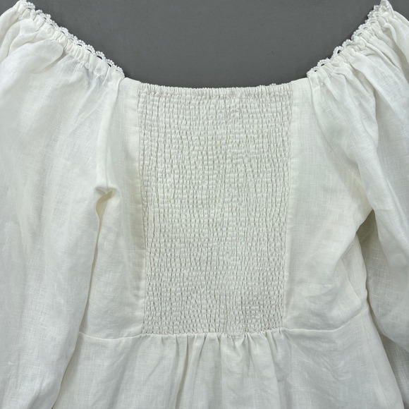 Farm Rio Dress Large White Mini Puff Sleeve Embroidered Linen Cottagecore Boho - Picture 15 of 16